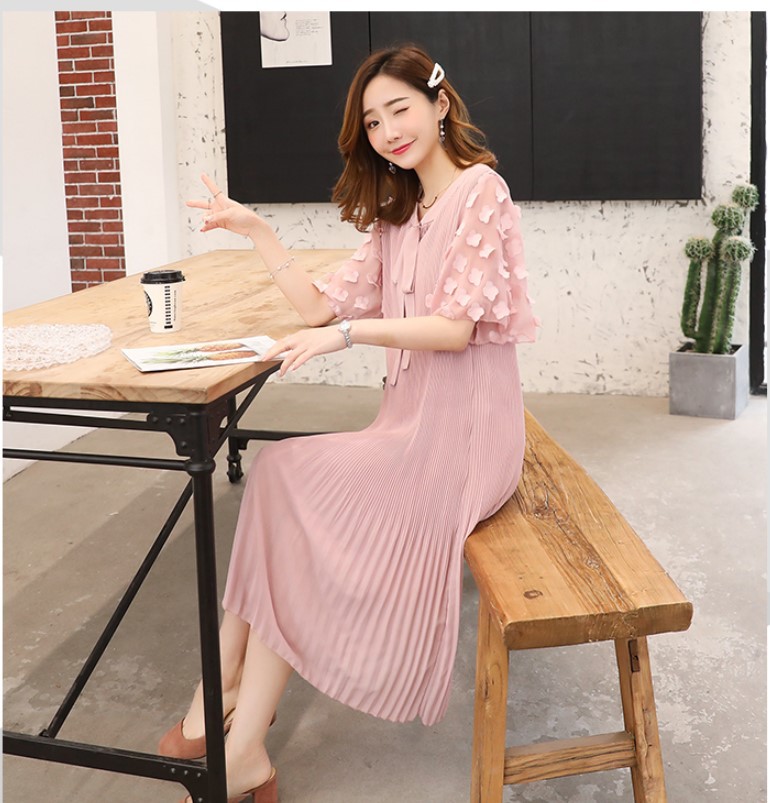 เดรสคลุมท้องแฟชั่น ผ้าชีฟอง พรีท มีซับใน ผูกโบว์ที่คอ น่ารักมากค่ะ M L XL XXL