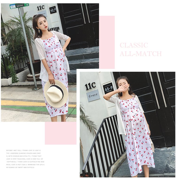 ชุดคลุมท้องสายเดี่ยวมาพร้อมเสื้อคลุม ชุดผ้าฝ้ายลายเชอรี่น่ารัก M L XL XXL