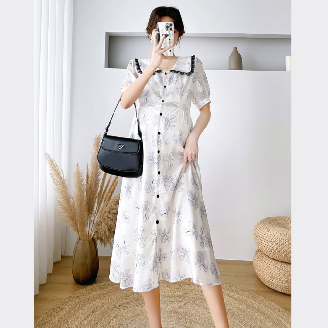 ชุดคลุมท้องแฟชั่นเกาหลี แขนตุ๊กตา มีซับในเต็มชุด เนื้อผ้าดี ช่วงปกทำระบาย ลายน่ารัก ดูดีเลยค่ะชุดนี้ M L XL XXL