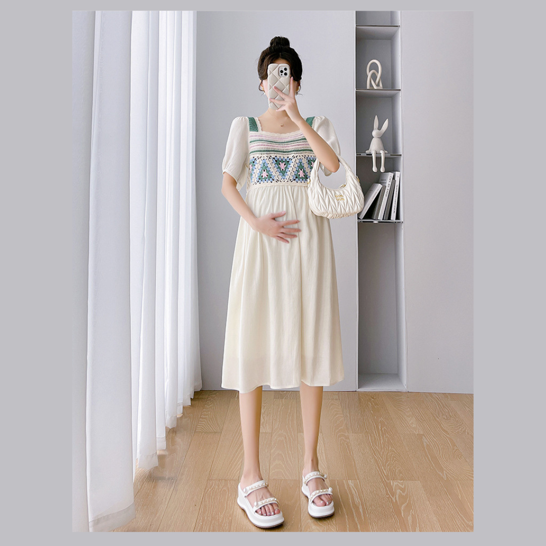 ชุดคลุมท้องแฟชั่นเกาหลี ช่วงอกไหมพรมโครเชต์ ลายน่ารัก ช่วงอื่นเป็นผ้าชีฟอง เบาสบายใส่แล้วไม่ร้อน มีซับใน M L XL XXL