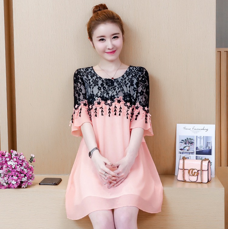 เดรสคลุมท้อง แบบน่ารัก ผ้าชีฟอง ด้านบนเป็นผ้าลูกไม้ มีซับใน M L XL,XXL