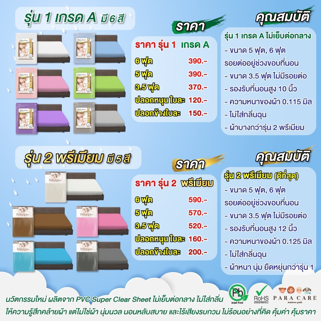 เกรดพรีเมี่ยม 3 ชิ้น ผ้าปูที่นอนกันน้ำ รุ่นใหม่ ไร้กลิ่น ไม่ต่อกลาง (ผ้าปู 1 ชิ้น+ปอกหมอนหนุน 2 ใบ)