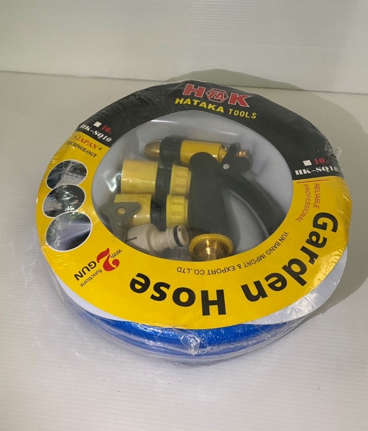 สายยางเส้นใยลายด้าย PVC สีฟ้า 5/8" 10เมตร พร้อมปืนฉีดน้ำ+ข้อต่อ ตราHataka
