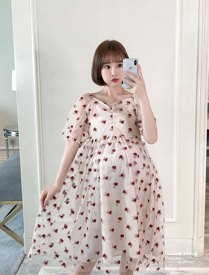 เดรสคลุมท้องแฟชั่นเกาหลี ผ้าตาข่าย ปักลายดอกไม้ ทรงระบาย ชุดสวยหรู M L XL XXL