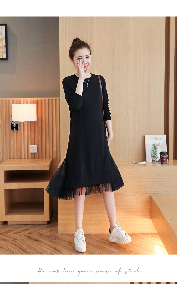 เดรสคลุมท้อง แขนยาว ผ้าหนานุ่ม ชายกระโปรงต่อระบาย ผ้านิ่ม M,L,XL,XXL