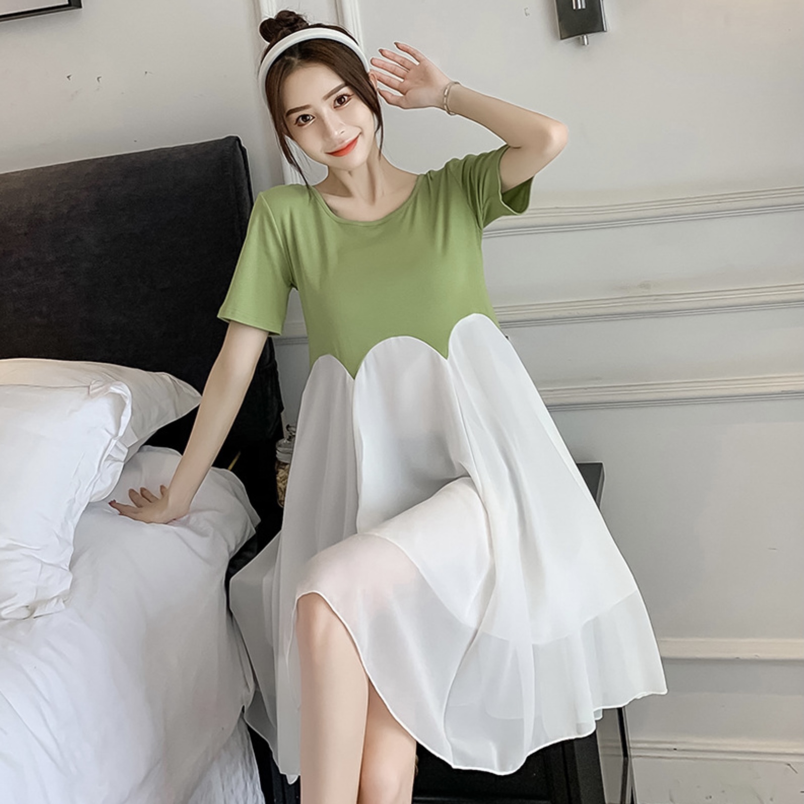 ชุดคลุมท้องเปิดให้นม แขนสั้น ทรงระบาย มีซับใน ด้านหลัง ผูกโบว์น่ารัก ค่ะ M L XL XXL