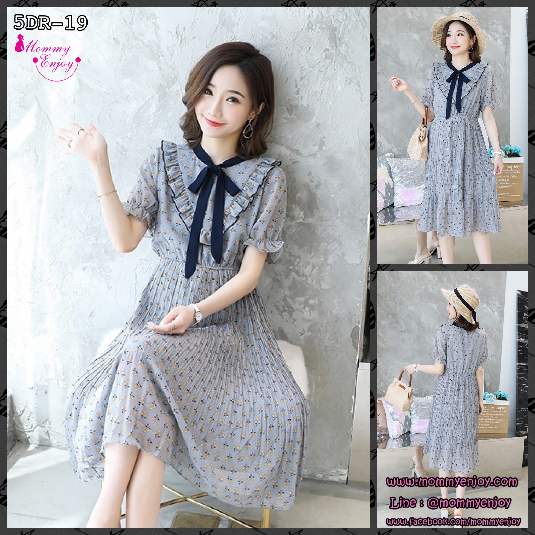 เดรสคลุมท้องแฟชั่น ผ้าชีฟอง ปลายแขนระบาย ผูกโบว์ที่คอ ช่วงกระโปรงเป็นพรีท สวยมากค่ะ M L XL XXL