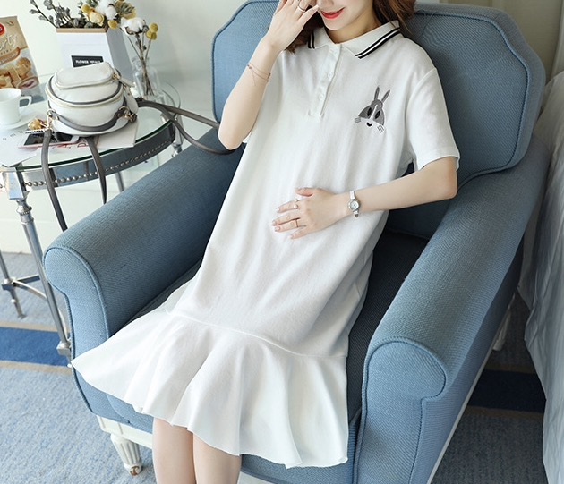 เดรสคลุมท้องแฟชั่นเกาหลี ผ้ายืด คอโปโล ทรงหางปลา น่ารักมากค่ะ M L XL XXL