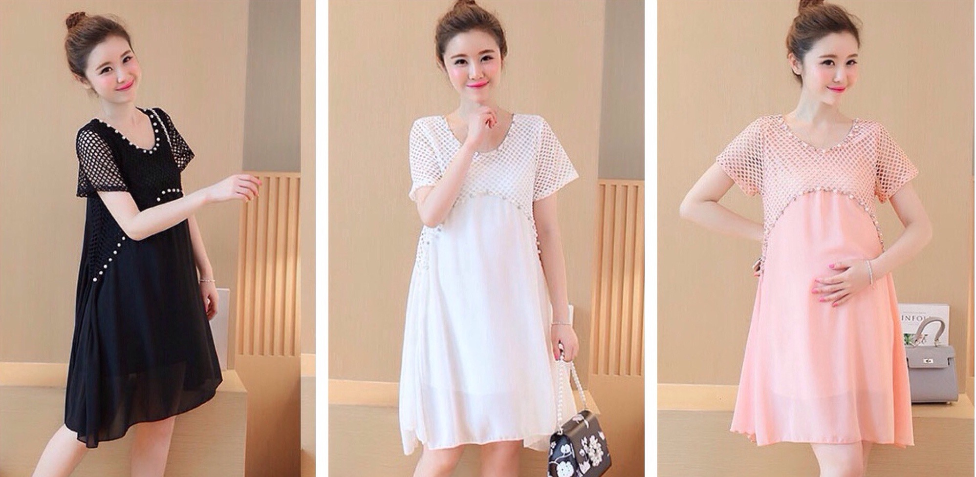 ชุดคลุมท้องผ้าฉลุสีขาว ประดับด้วยลูกปัดมุก ด้านล่างเป็นผ้าชีฟองเบาสบาย มีซับใน M,L,XL,XXL