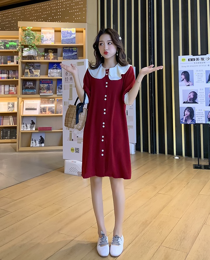 เดรสคลุมท้องแฟชั่น ทรงตุ๊กตา คอบัว กระดุมเปิดให้นมได้ ช่วงปก ทำย่นเพิ่มความน่ารัก M L XL XXL