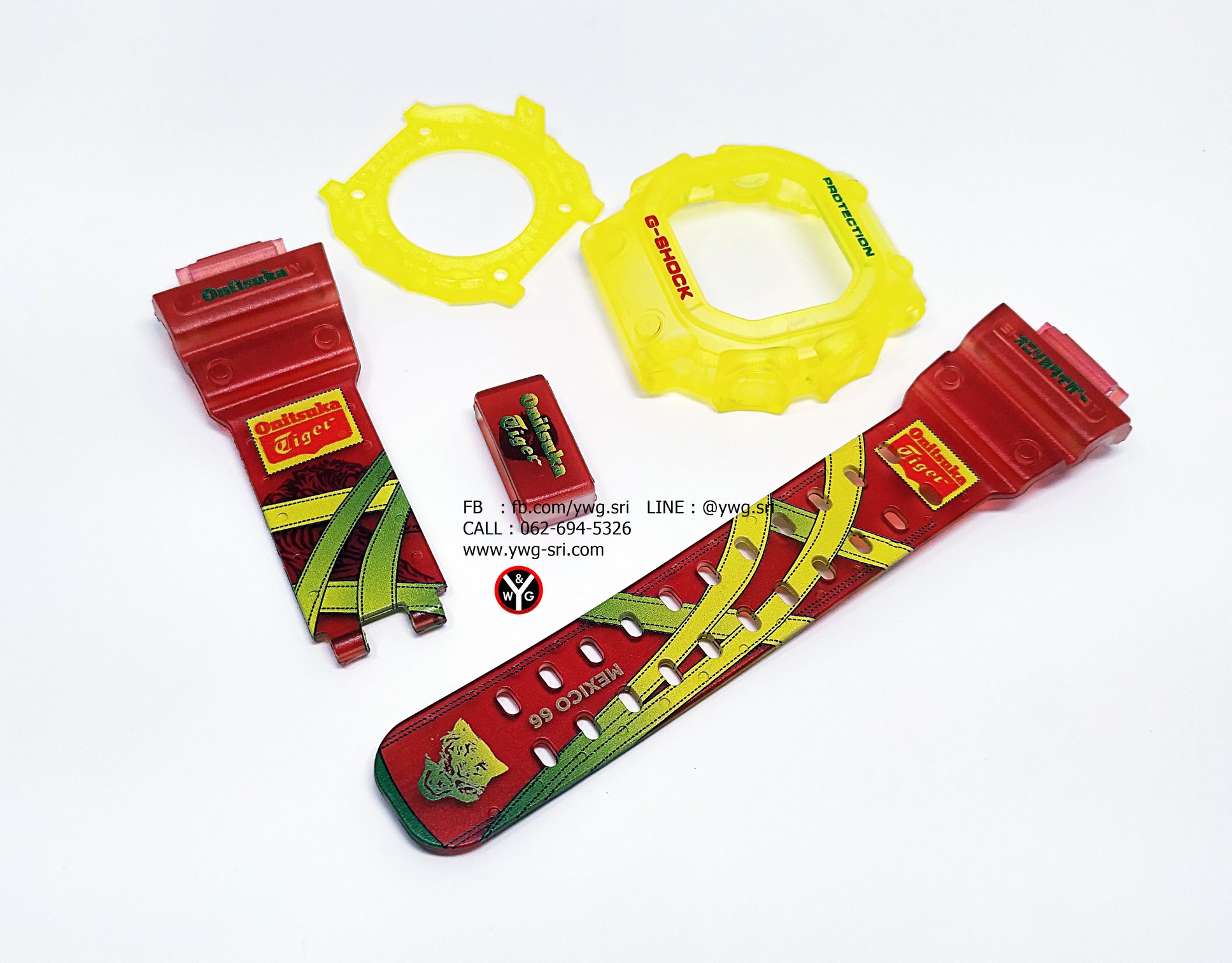 กรอบสาย G-SHOCK ใสไม่แท้ กรอบเหลือง สายแดง สกรีนลวดลาย Onitsuka Tiger ใส่ได้รับรุ่น GX-56