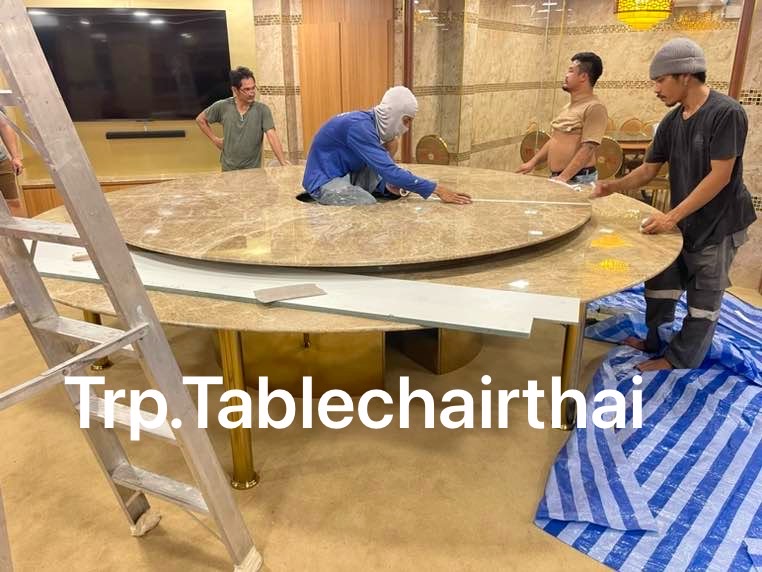 Trp.ทีอาร์พี Round Table 圆桌会议 餐桌 中式餐桌 配有旋转镜组 โต๊ะกลมหินอ่อน 340 ซม. 20 ที่นั่ง จานหมุน 260 ซม.พร้อม Lazysusan เลซี่ซูซาน จานหมุน ระบบหมุนด้วยไฟฟ้าแบตเตอรี่แบบชาร์ท มีรีโมทกดเดินหน้า ถอยหลัง เร่งหมุนเร็วหรือช้าได้