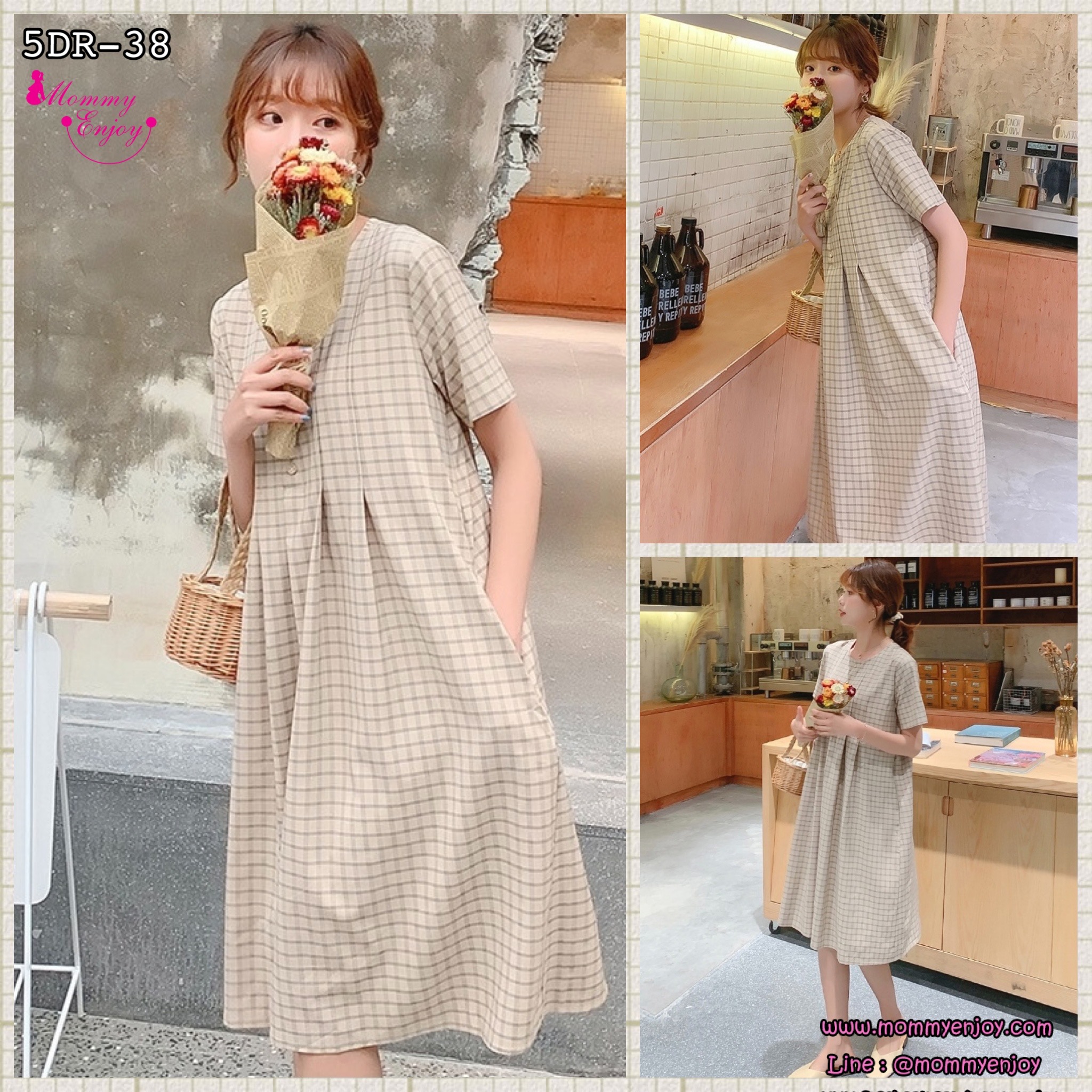 เดรสคลุมท้องแฟชั่น ผ้าดีมาก มีน้ำหนักทิ้งตัวสวย แขนสั้น มีกระดุมแกะได้ มีกระเป๋าข้าง M L XL XXL