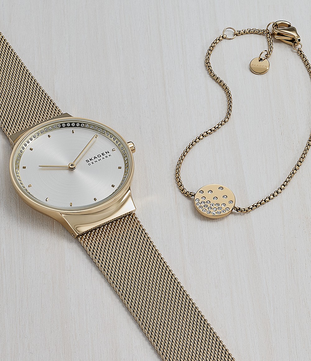 Skagen SKW1148 นาฬิกาผู้หญิง Skagen รุ่น SKW2837, Freja Two-Hand Gold-Tone + Box Set Quartz Women's Watch