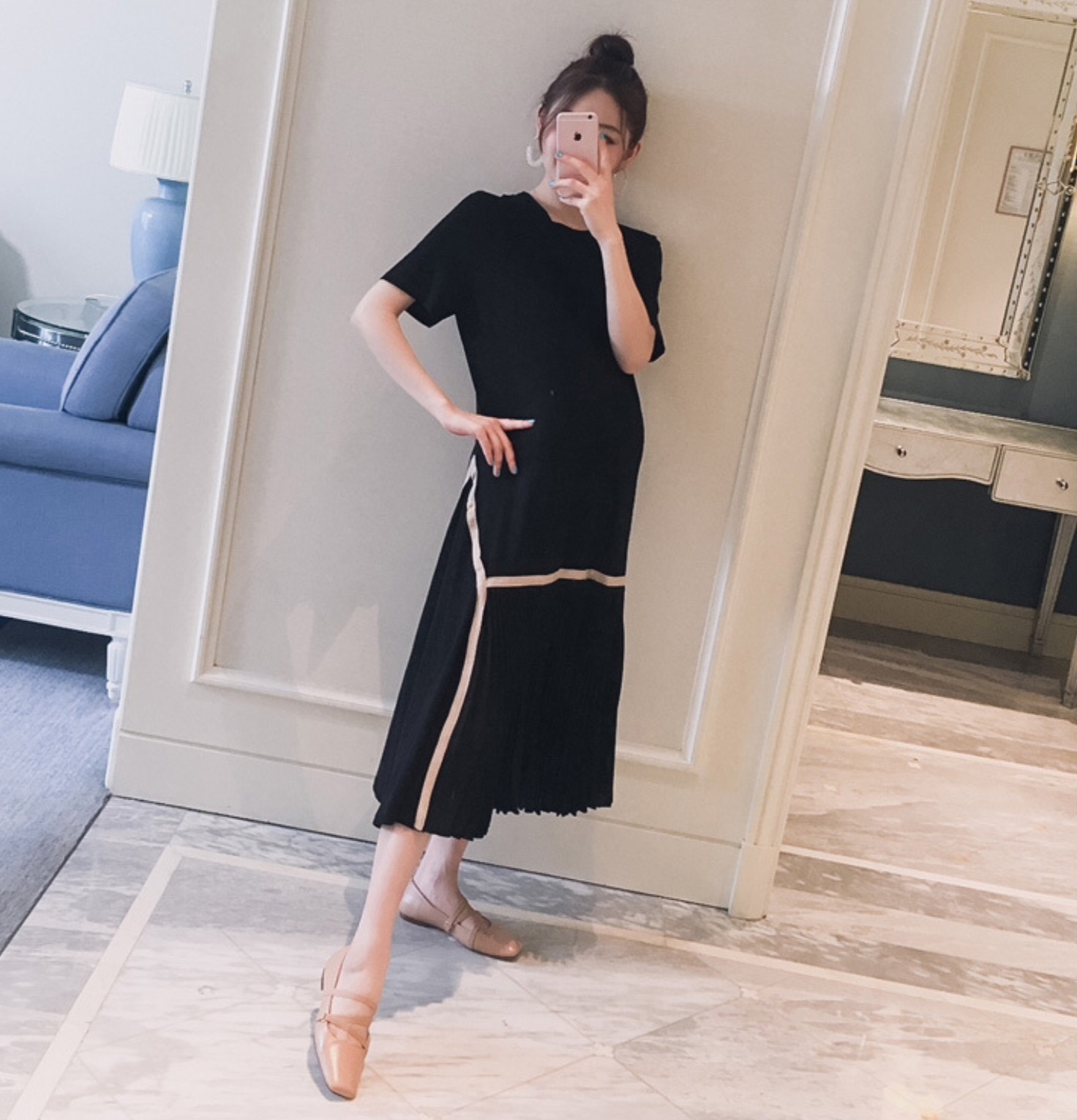 เดรสคลุมท้องแฟชั่น ช่วงบนเป็นผ้ายืดเนื้อนิ่ม ใส่สบาย ช่วงล่างตัดเส้น เป็นชีฟองอัดพรีท M L XL XXL