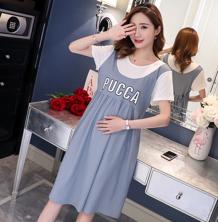 เดรสคลุมท้องแฟชั่นสไตล์เอี๊ยมหลอก ลายน่ารัก ผ้านิ่ม สีพาสเทลน่ารัก M L XL,XXL