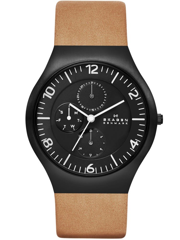 Skagen SKW6114 นาฬิกาผู้ชาย Grenen Multi-Function Black Dial Brown Leather Quartz Men's Watch