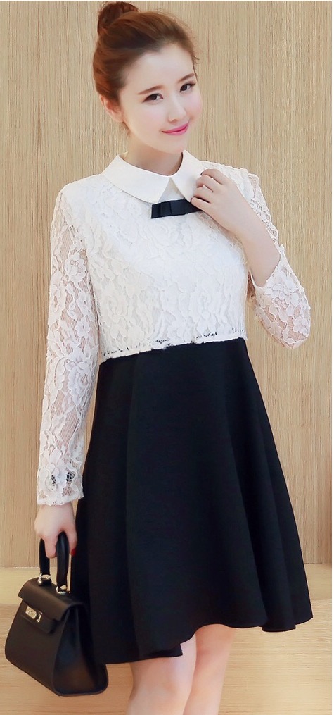 ชุดคลุมท้อง แขนยาวด้านบนเป็นลูกไม้สีขาว โบว์ที่คอ น่ารักเรียบร้อยแบบลงตัว M,L,XL,XXL