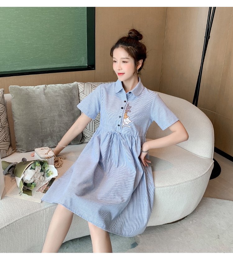 เดรสคลุมท้องแฟชั่นคอปกแขนสั้น ผ้าฝ้ายเหมียวน้อยน่ารัก ผ้าลายสวย มีเชือกปรับขนาดครรภ์ได้ กระดุมเปิดให้นมก็ได้ M L XL XXL