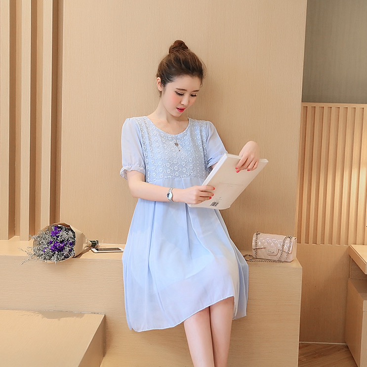 ชุดคลุมท้องแขนยาว ผ้าชีฟอง ปักดอกไม้ช่วงบน แขนตุ๊กตา มีซับใน มีเชือกปรับขนาดครรภ์ M L XL XXL