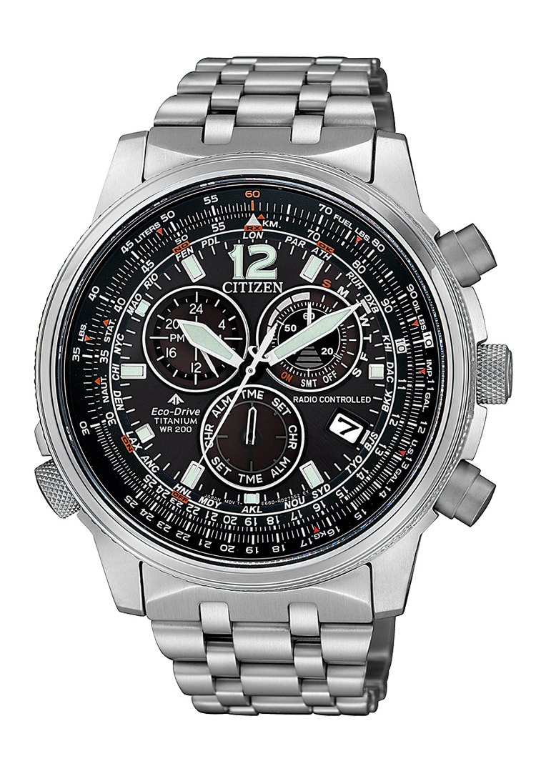 Citizen CB5850-80E นาฬิกาผู้ชาย Eco-Drive Promaster Sky Radio Controlled Chronograph Perpetual World Time Titanium Men's Watch