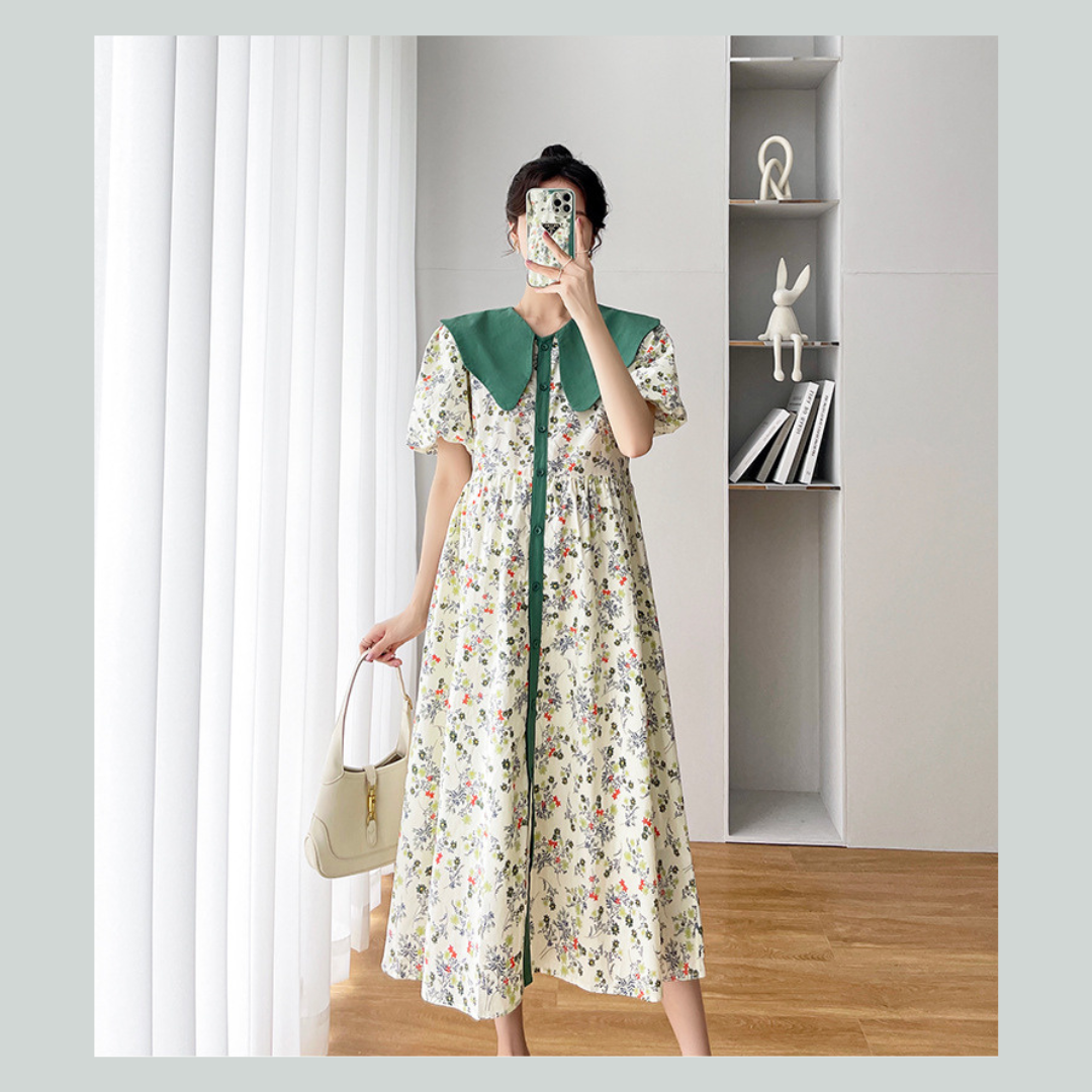 ชุดคลุมท้องแฟชั่นเกาหลี แขนตุ๊กตา ปกใหญ่ กระดุมหน้าแกะได้จริง ผ้าเนื้อละเอียด สีน่ารัก M L XL XXL