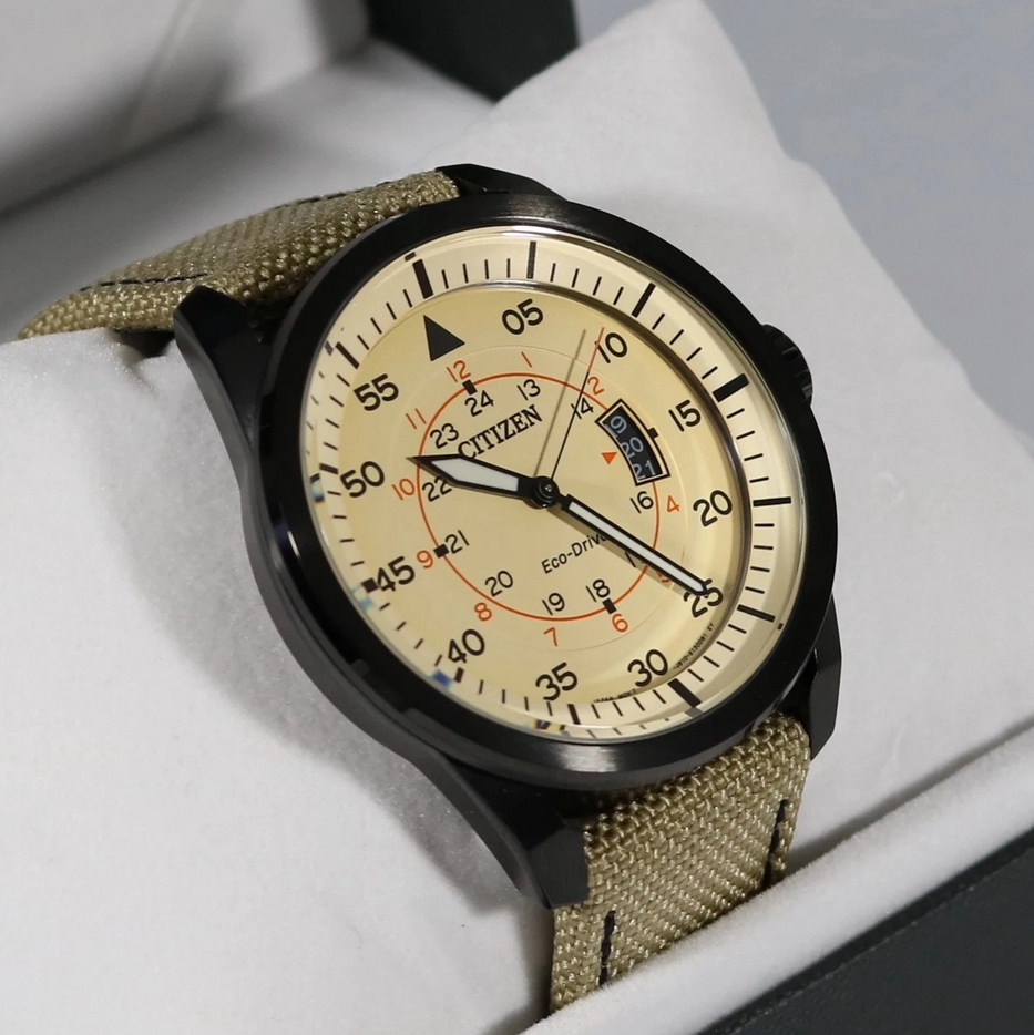 Citizen AW1365-19P นาฬิกาข้อมือผู้ชาย Citizen Eco-Drive รุ่น AW1365-19P, Aviator Black IP Nylon Men's Watch