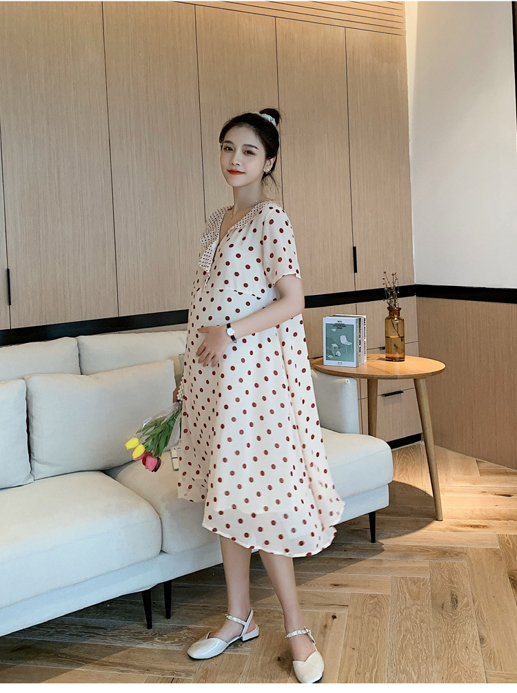 เดรสคลุมท้องแฟชั่น ผ้าชีฟอง ลายจุด มีซับใน ผ้าเนื้อดี ใส่สวย ดีไซน์เก๋ M L XL XXL