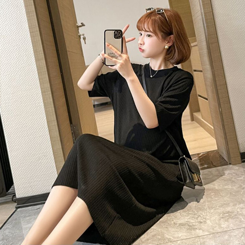 เดรสคลุมท้องแฟชั่นสบายๆ แขนสั้น ดูดี ผ้าทิ้งตัว มีน้ำหนัก เนื้อดีค่ะ M L XL XXL