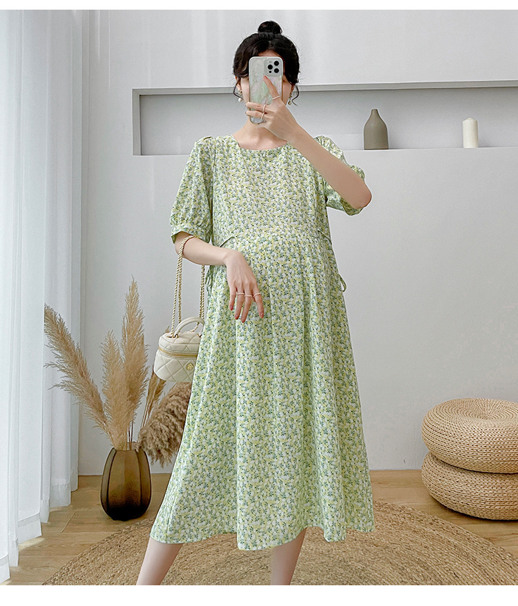 เดรสคลุมท้องแฟชั่น ผ้าชีฟอง พิมลาย ดอกไม้น่ารัก มีซับใน มีเชือกผูกปรับขนาดครรภ์ มีผ้าพันคอให้ด้วย M L XL XXL