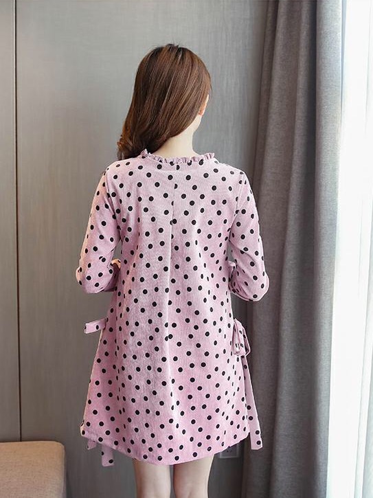 เดรสคลุมท้อง แขนยาวชมพูลายจุด ผูกข้าง แต่งระบายที่คอ น่ารักจุง M,L,XL,XXL