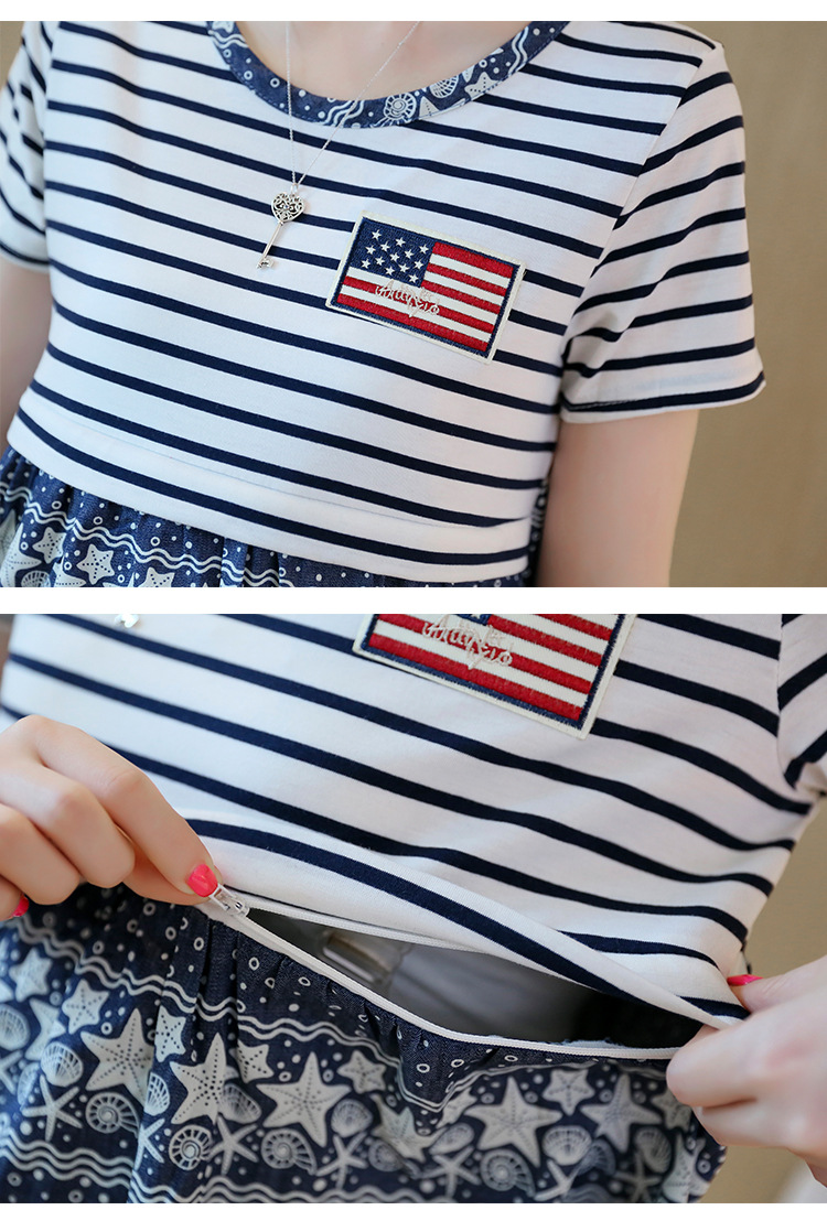 ชุดคลุมท้องเปิดให้นมแฟชั่นเกาหลี ช่วงบนเป็นลายขวาง ช่วงล่างเป็นลายดาว มีเชือกผูกปรับขนาดครรภ์ M,L,XL,XXL