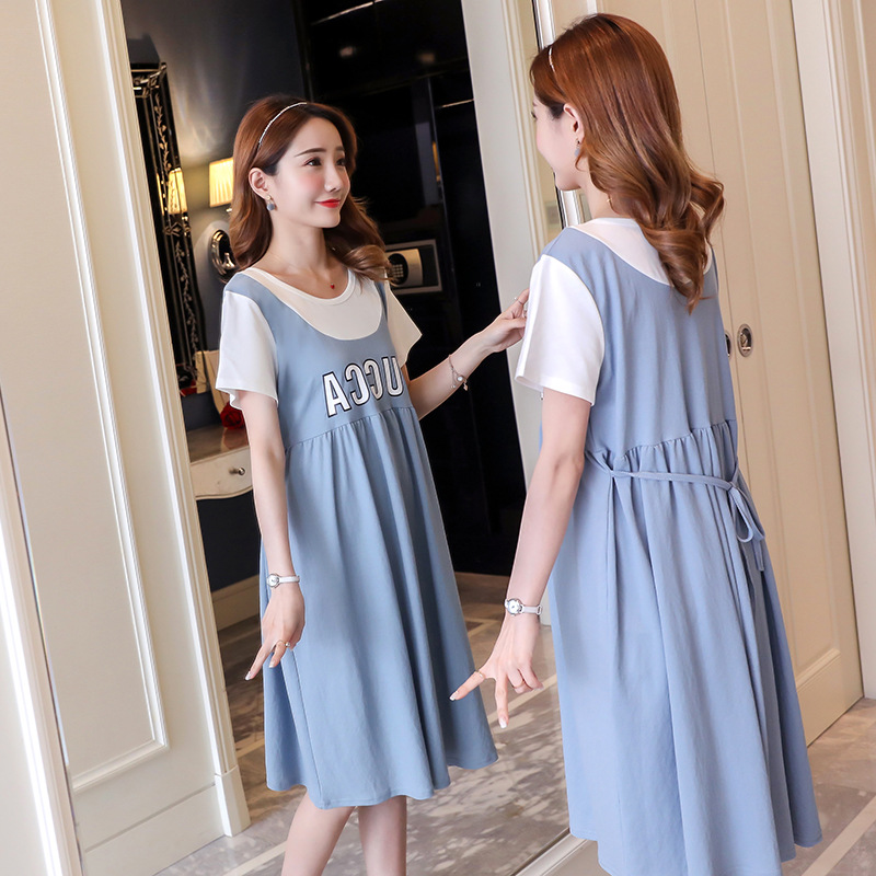 เดรสคลุมท้องแฟชั่นสไตล์เอี๊ยมหลอก ลายน่ารัก ผ้านิ่ม สีพาสเทลน่ารัก M L XL,XXL