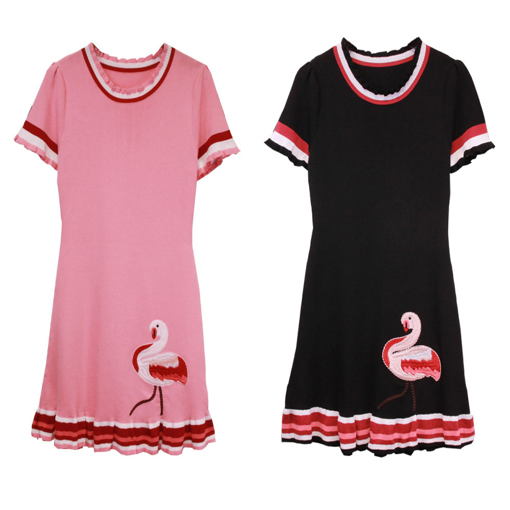 เดรสคลุมท้องแฟชั่นไหมพรม ลายนกฟลามิงโก้ ชุดน่ารัก ใส่เข้ารูป น่ารักมากจ้า