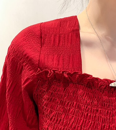 เดรสคลุมท้องแฟชั่น ช่วงอกสม๊อค แขนสั้น เนื้อผ้าทำย่นน่ารัก M L XL XXL