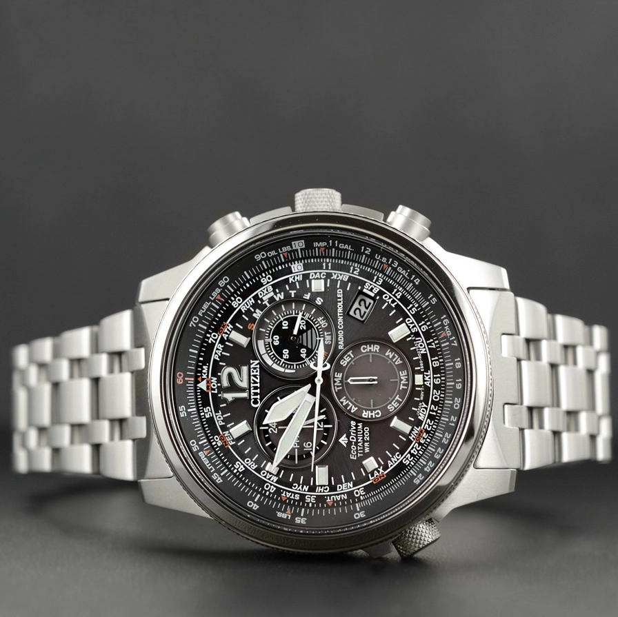 Citizen CB5850-80E นาฬิกาผู้ชาย Eco-Drive Promaster Sky Radio Controlled Chronograph Perpetual World Time Titanium Men's Watch