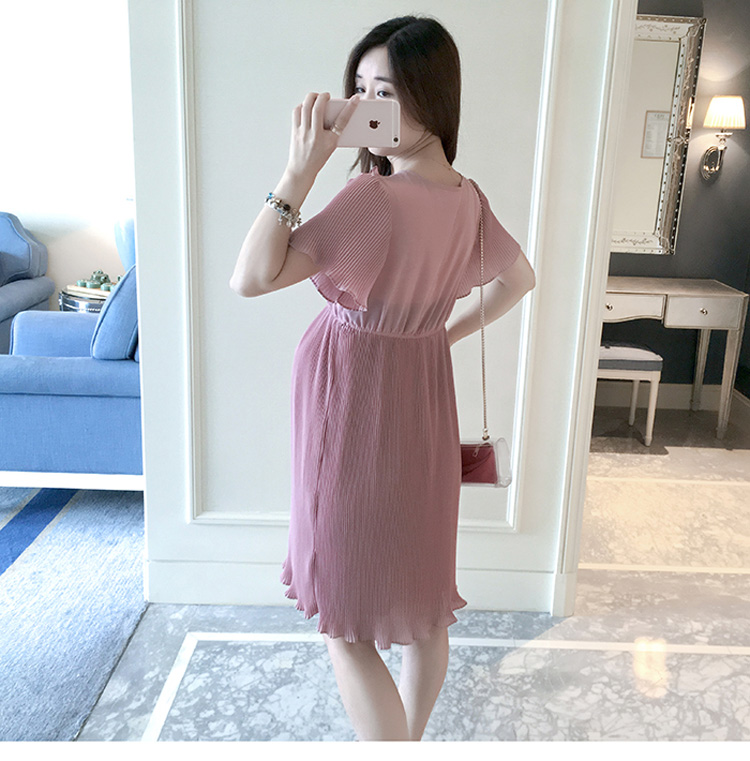 เดรสคลุมท้องแฟชัน ผ้าชีฟองพรีทจีบเล็ก แต่งระบายช่วงอก มีซับใน ใส่สบาย M L XL,XXL