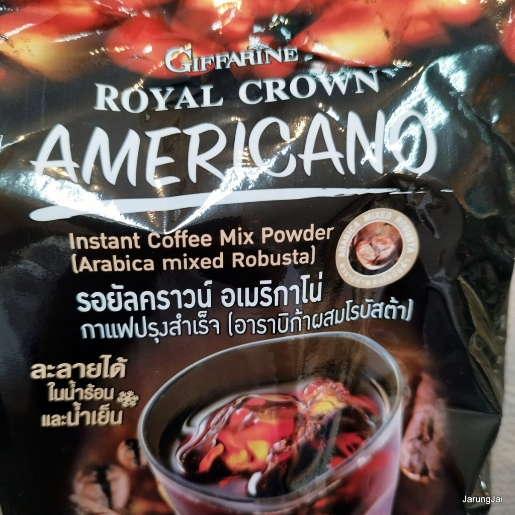 กาแฟซอง giffarine royal crown americano ไม่มีน้ำตาล ไม่หวาน ละลายได้ในน้ำร้อน และน้ำเย็น ตรา กิฟฟารีน