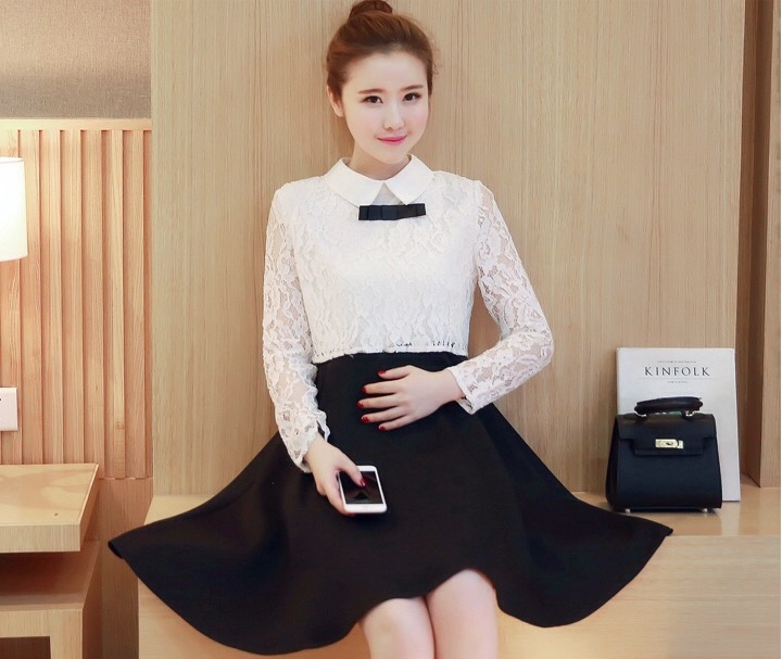 ชุดคลุมท้อง แขนยาวด้านบนเป็นลูกไม้สีขาว โบว์ที่คอ น่ารักเรียบร้อยแบบลงตัว M,L,XL,XXL