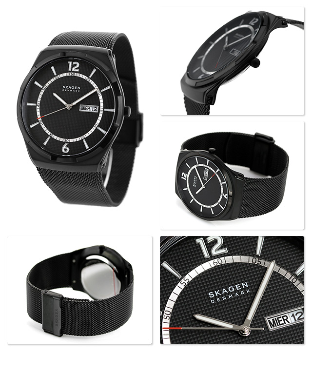 Skagen SKW6576 นาฬิกาผู้ชาย Melbye Three-Hand Day-Date Black Steel-Mesh Quartz Men's Watch