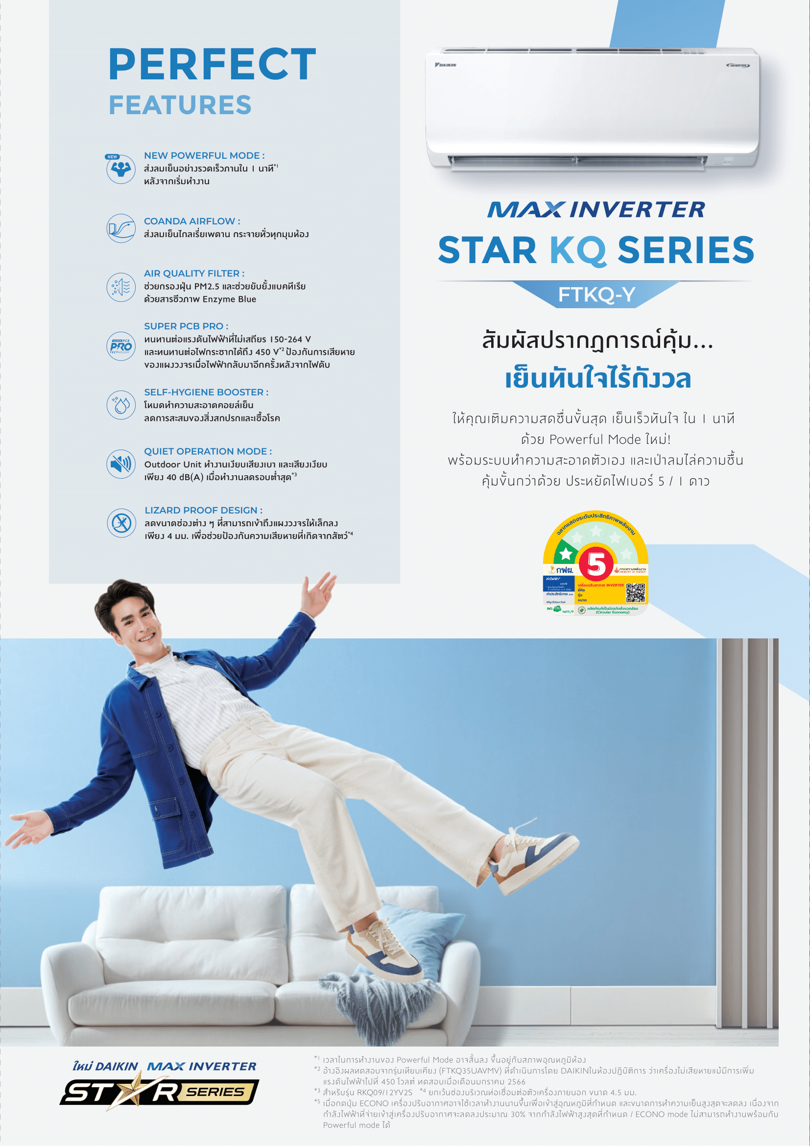 แอร์ DAIKIN แบบติดผนัง ขนาด 20,500 BTU รุ่น FTKQ24YV2S (INVERTER) (KQ SERIES)