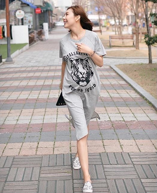 ชุดคลุมท้อง สีเทา พิมพ์ลาย ผ่าข้าง ไซส์ M,L,XL