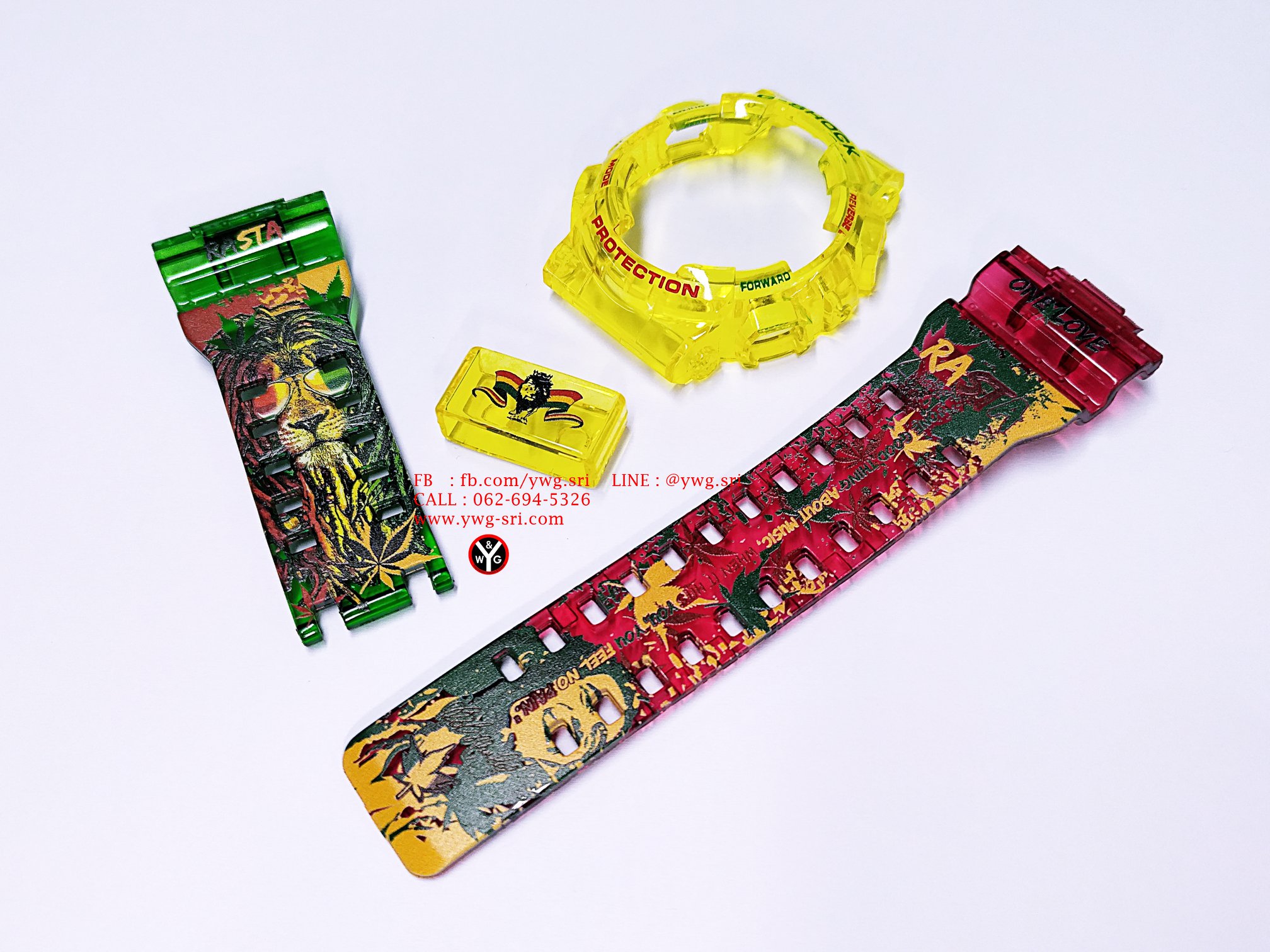 กรอบสาย G-SHOCK แบบใส กรอบเหลือง สายเขียวสลับแดง สกรีนลาย RASTA ใส่ได้รับรุ่น GA-100 ,GA-110 ,GA-120 ,GD-100 ,GD-120