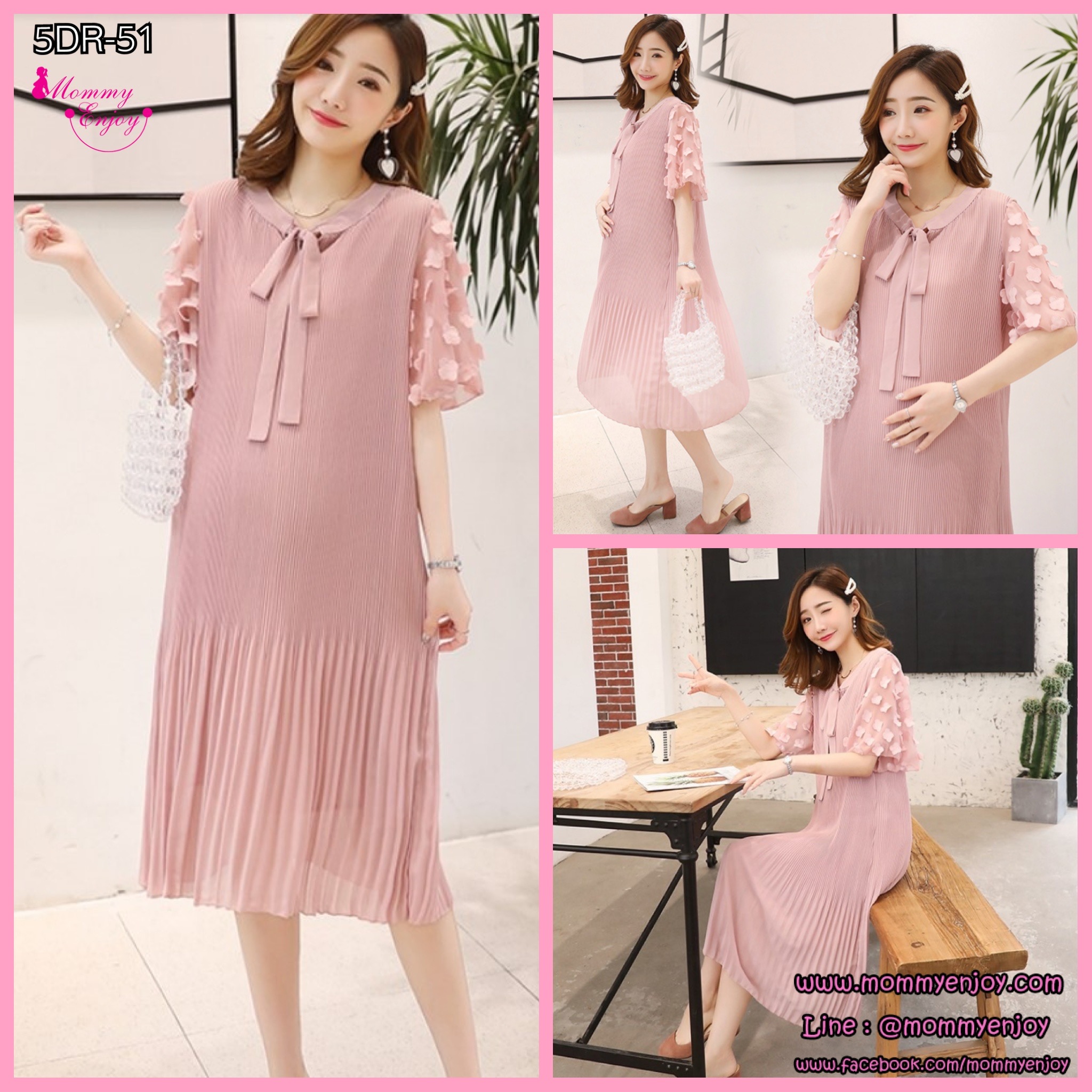 เดรสคลุมท้องแฟชั่น ผ้าชีฟอง พรีท มีซับใน ผูกโบว์ที่คอ น่ารักมากค่ะ M L XL XXL