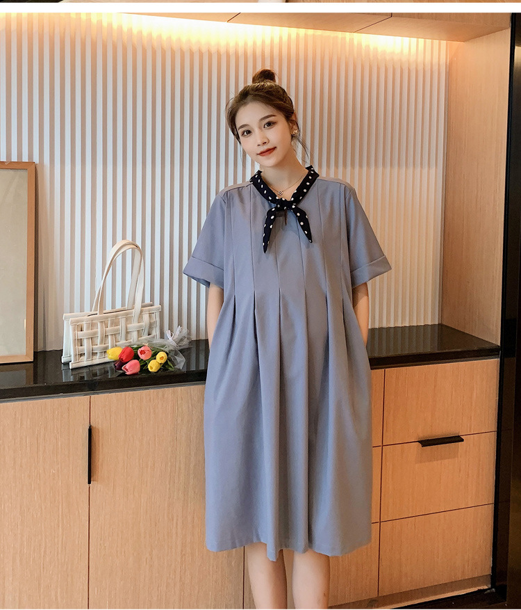 เดรสคลุมท้องแฟชั่นเกาหลี ผ้าฝ้าย ช่วงท้องระบายได้เยอะ ใส่ได้ถึงคลอด ผูกโบว์ที่คอ สวยน่ารักสุภาพ M L XL XXL