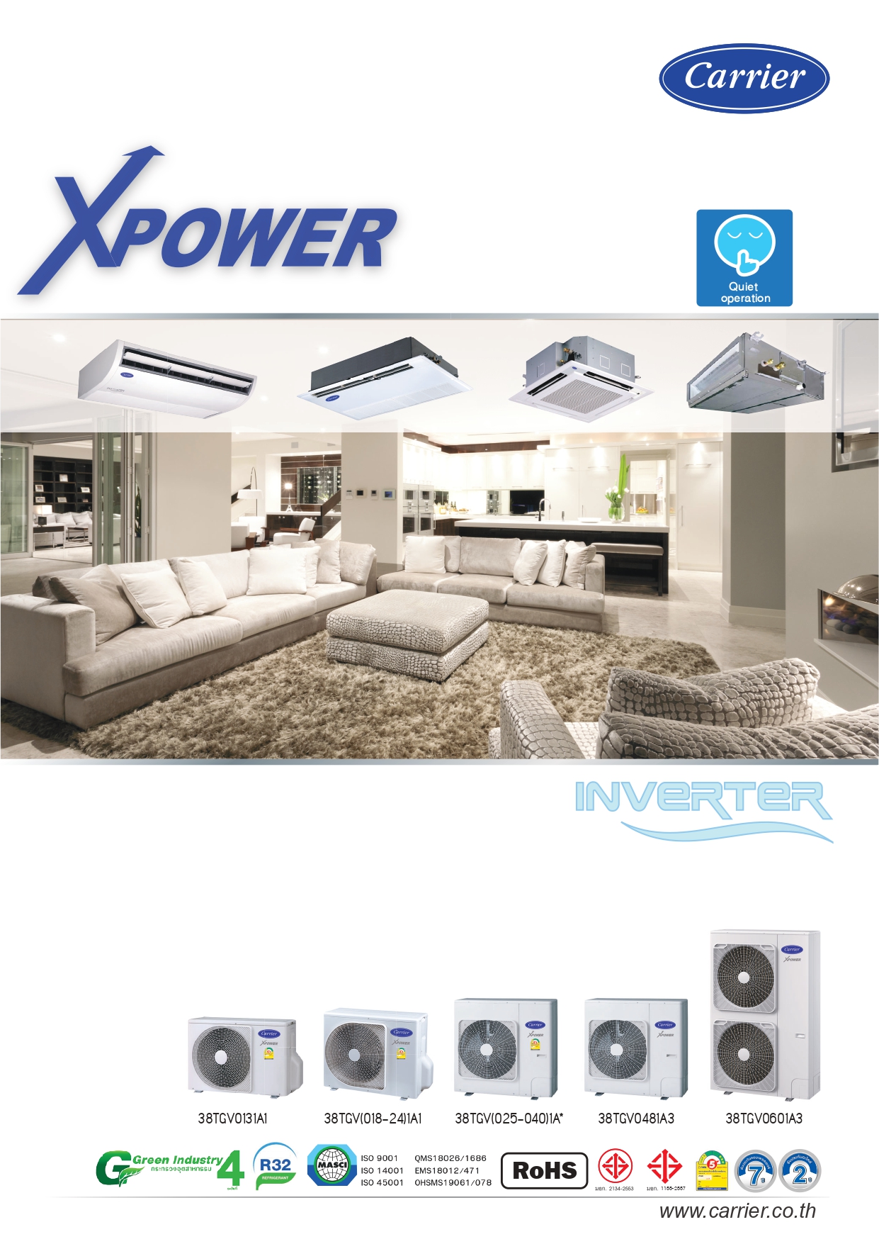 เครื่องปรับอากาศ CARRIER แบบหนึ่งทิศทาง ขนาด 38,500 BTU รุ่น 40BGV0391UP/38TGV0391A3 (INVERTER)