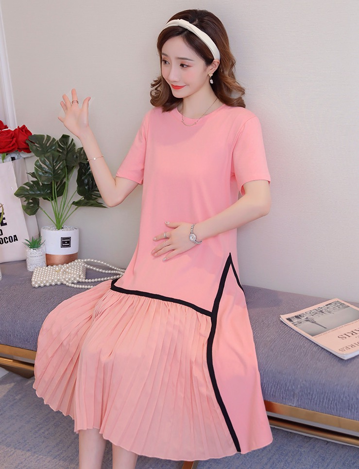 เดรสคลุมท้องแฟชั่น ช่วงบนเป็นผ้ายืดเนื้อนิ่ม ใส่สบาย ช่วงล่างตัดเส้น เป็นชีฟองอัดพรีท M L XL XXL