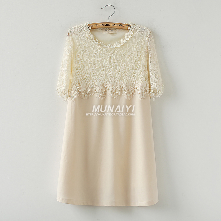 เดรสคนท้องแฟชั่น ช่วงบนผ้าลูกไม้ประดับด้วยมุก ช่วงแขนเปิดซีทรูเพิ่มน่ารัก M,L,XL,XXL