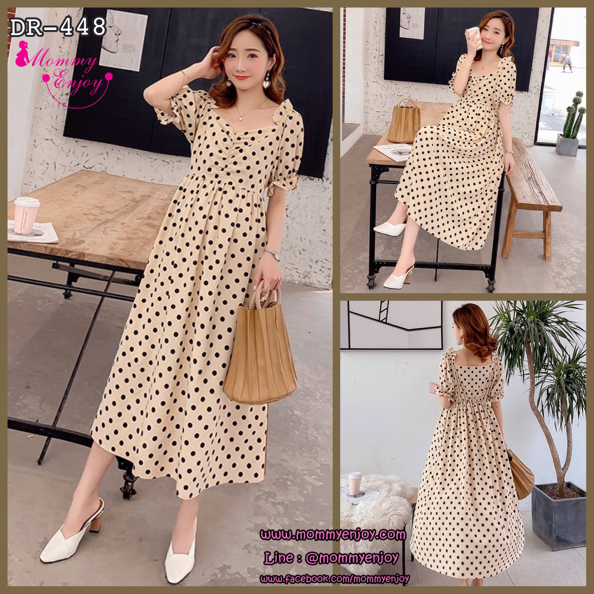 เดรสคลุมท้องแฟชั่นแขนตุ๊กตา ลายจุดน่ารัก สีนวลสวย ดูสุภาพ น่ารักแบบลงตัว M L XL,XXL
