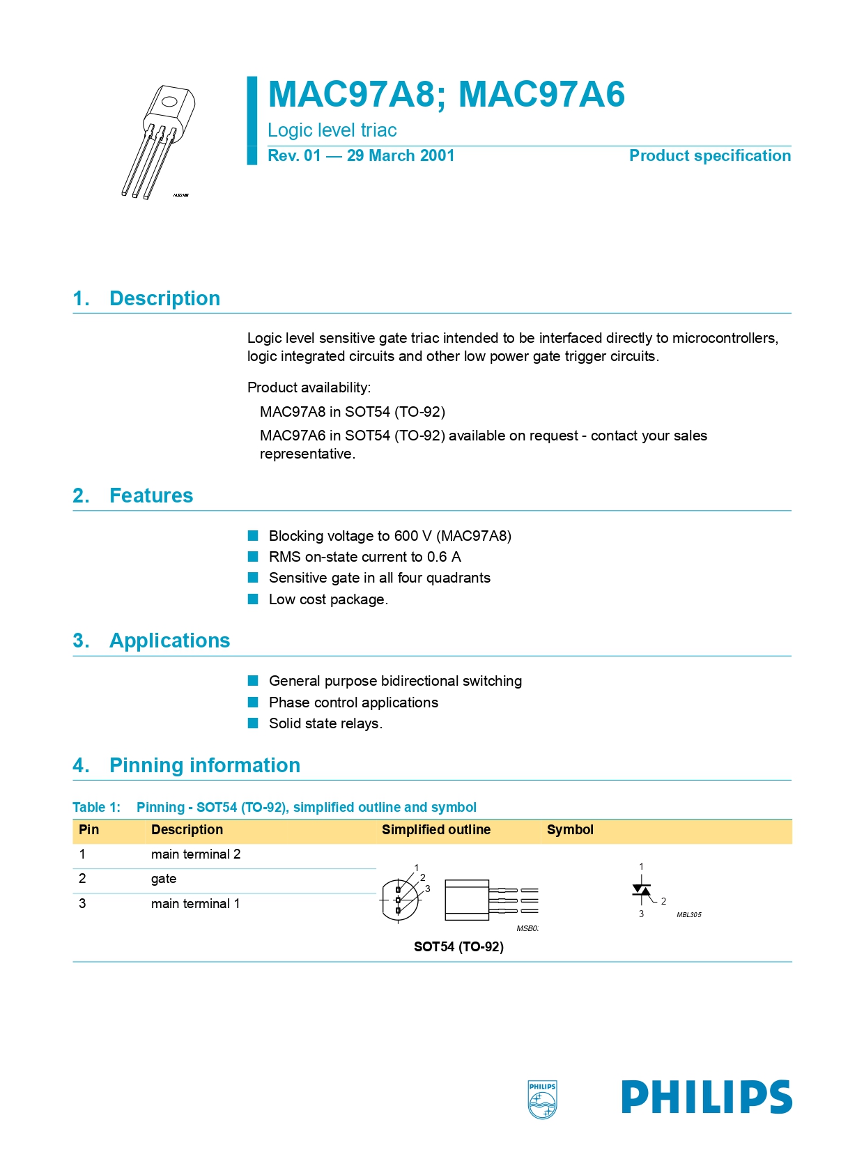 (10ตัว) TRIAC MAC97A8 ไตรแอค 0.6A 600V Gate Trigger Current 7mA